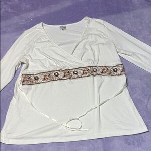 Motherhood White Blouse with Brown Wrap Tie Front